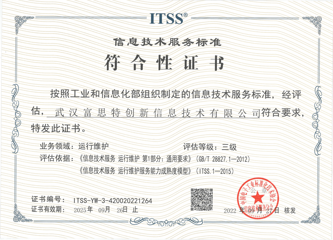 喜報(bào)丨富思特創(chuàng)新榮獲ITSS運(yùn)維服務(wù)能力成熟度符合性證書，持續(xù)引領(lǐng)武漢信息技術(shù)咨詢服務(wù)新高度